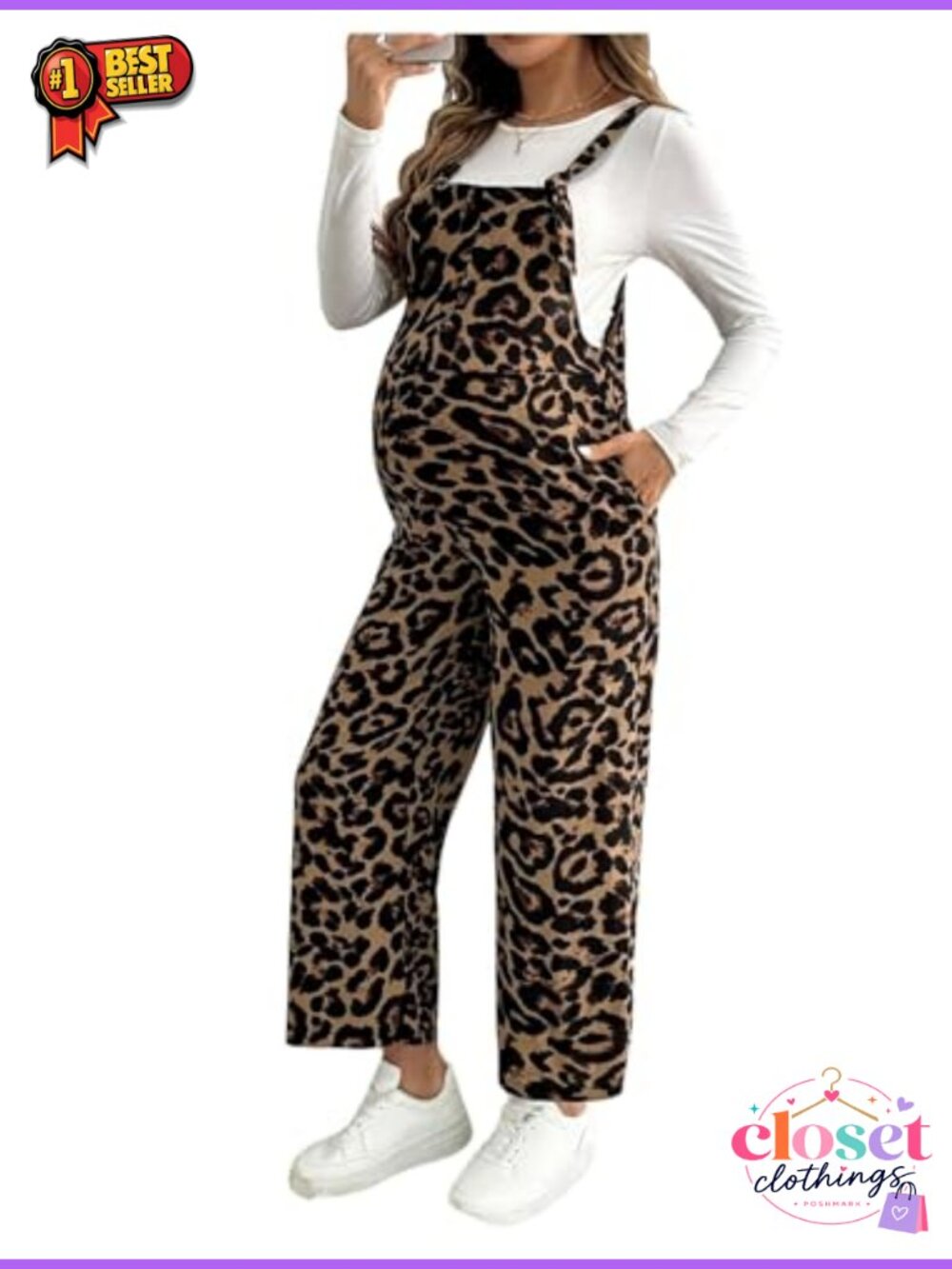 Maternity Leopard Print Overalls Sleeveless Straight Leg Jumpsuit